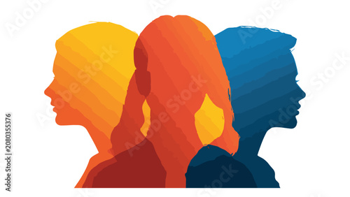 Colorful Silhouettes of Three People Facing Different Directions for Diversity and Unity Concept