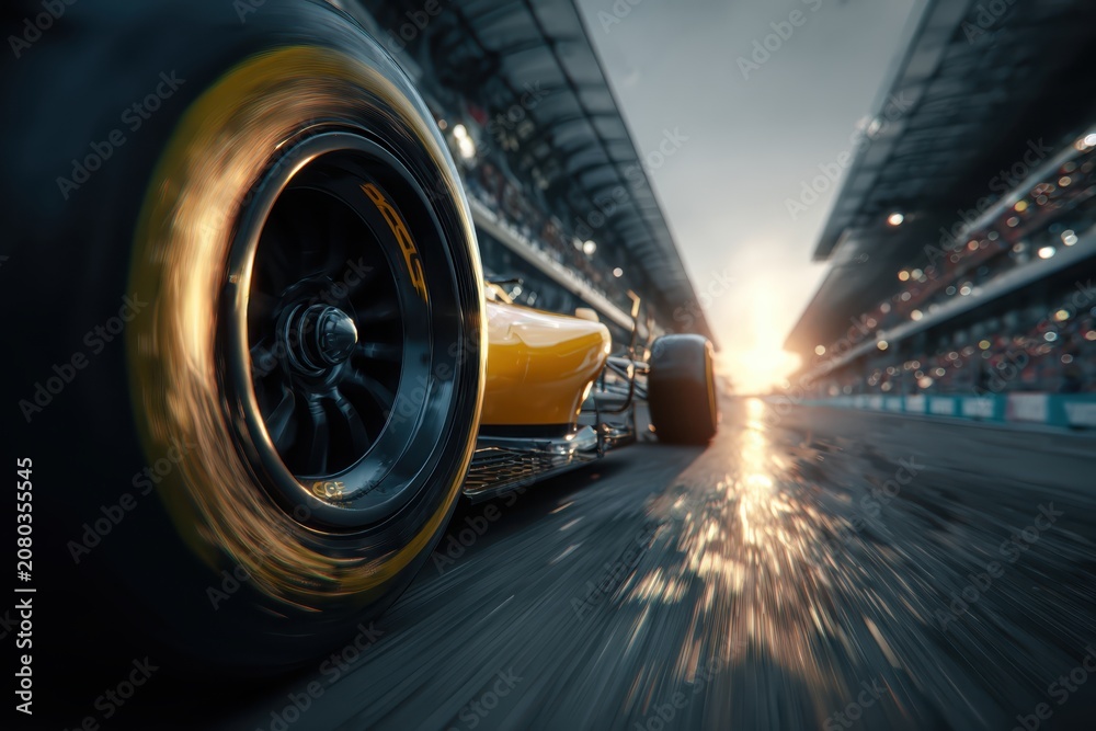 Obraz premium Formula 1 Racing: A high-speed close-up of a Formula 1 car's tire as it speeds down the wet racetrack, bathed in the golden light of sunset.