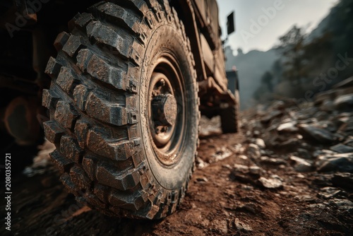 Heavy Duty Tire on Rugged Terrain: A close-up shot of a robust, knobby tire on a large vehicle, showcasing its tread designed for off-road adventures and challenging environments.