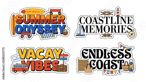 Photos Beach Themed Typography Designs: A collection of four vibrant typographic designs celebrating summer vacation and coastal adventures, featuring Summer Odyssey, Coastline Memories, Vacay Vibes