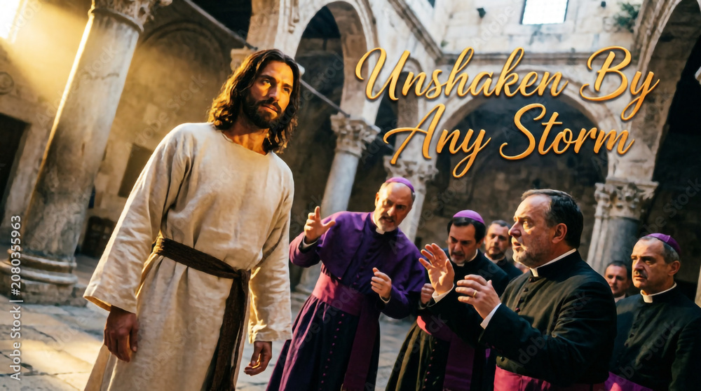 Obraz premium Jesus Christ answers the Sanhedrin with divine authority, truth, wisdom, and unwavering graces.