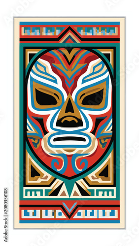 Colorful Polynesian Style Tiki Mask Art with Bold Lines and Vibrant Patterns for Cultural Decor