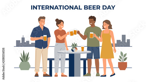 Foto International Beer Day Celebration: A diverse group of friends joyfully clinks glasses of beer in celebration of International Beer Day, surrounded by a cityscape backdrop