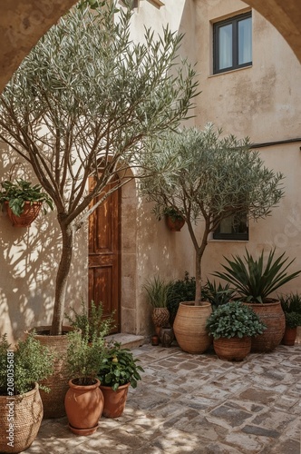Olive Trees and Potted Plants in a Courtyard With Stone Floor and Wooden Door