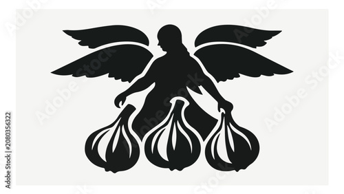 Silhouette of angel with large wings holding three lanterns in a dark mystical scene
