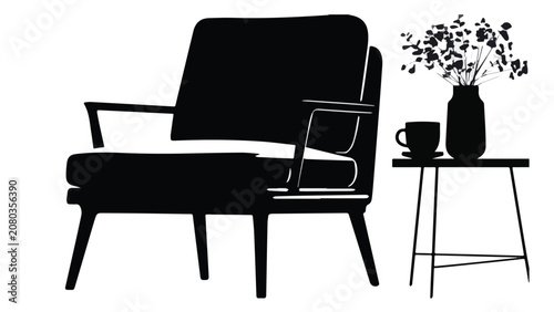 Minimalist black and white interior scene with chair and table decorative vase with flowers in a cozy home setting