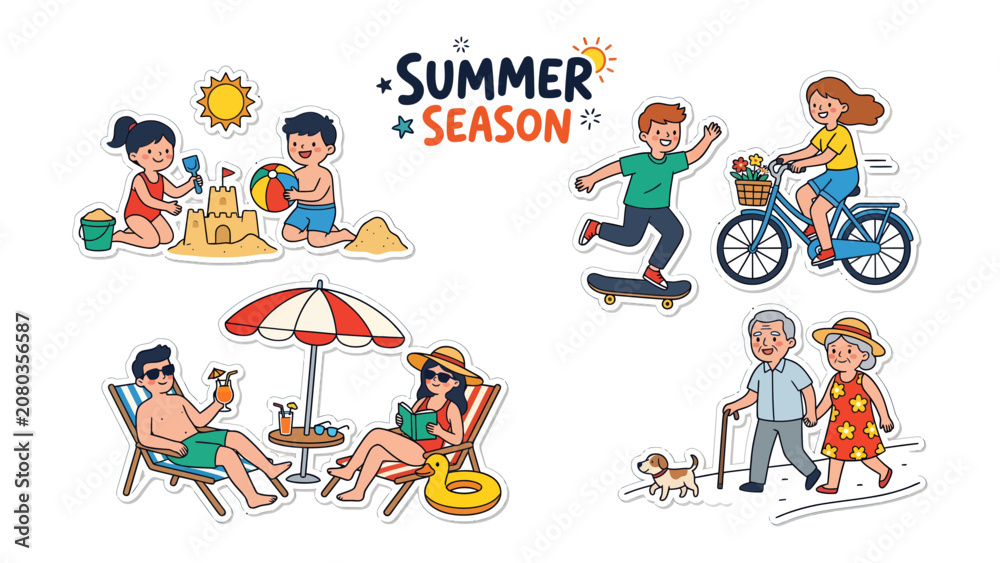 Fototapeta premium Summer Fun Collage: A vibrant collage showcasing diverse summer activities, including children building sandcastles, a boy skateboarding, a couple cycling, people relaxing on beach chairs.
