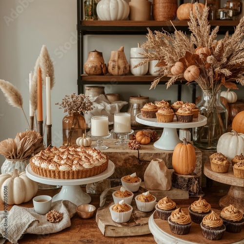 Cupcakes and Desserts Arranged on Tables With Pumpkins and Candles in a Cozy ...