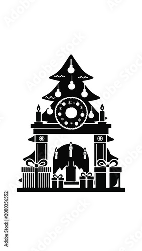Black and white silhouette of a festive Christmas scene with decorated tree and candles for holiday celebration