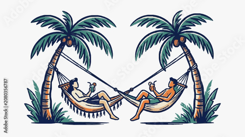 Bild auf Leinwand Tropical palm tree with parrot and toucan illustration.