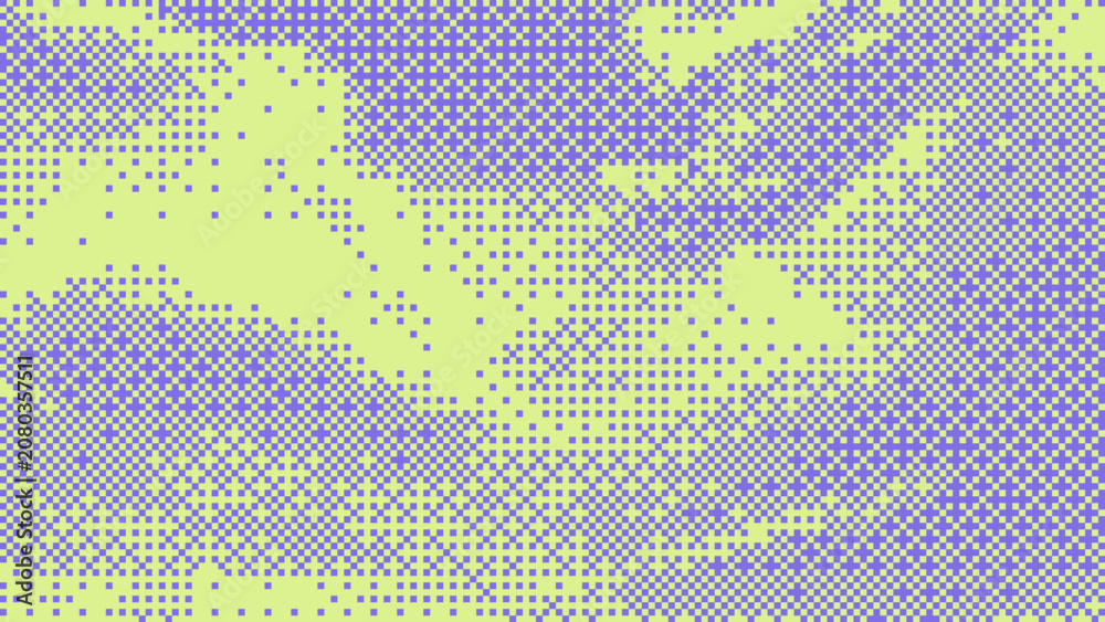 Naklejka premium Violet pixelated bitmap gradient texture. Retro pixel art, green dither pattern, 8 bit background. Vector illustration