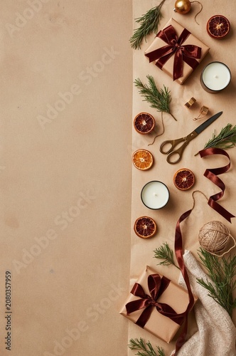Gift Wrapping Supplies Arranged on a Table for a Holiday Celebration