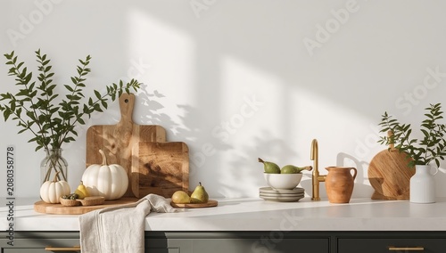 Kitchen Counter Displays Fruits, Vegetables, and Decorative Items in a Natura...