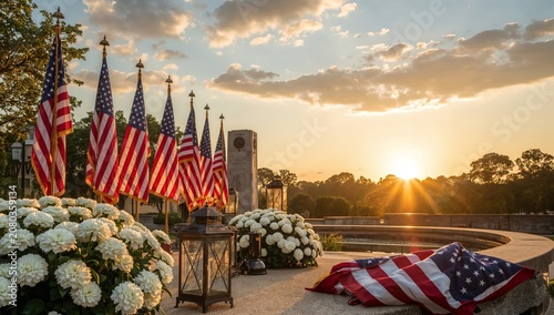 Sunset Over Flags and Flowers at a Memorial Site in the Evening