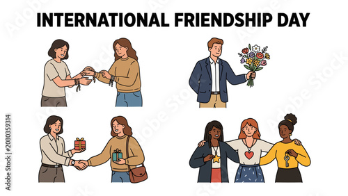 Fotografía Celebration of Friendship: This illustration captures the essence of International Friendship Day with scenes of gift exchange, congratulatory gestures, and heartfelt embraces between friends