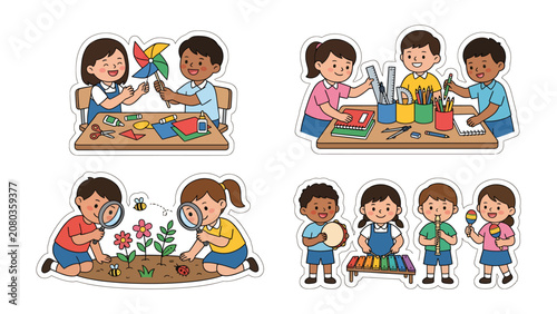 Εκτύπωση καμβά Children Engaged in Creative Activities: Four heartwarming scenes depicting young children immersed in diverse educational and playful pursuits, fostering learning and imagination through art
