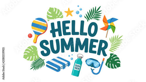 Bild auf Leinwand Hello Summer Greeting: A vibrant and playful illustration announces the arrival of summer, featuring beach essentials like a paddleball, towel, snorkel mask, sunscreen, palm leaves, pinwheel