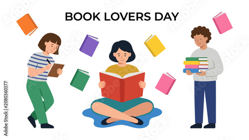 Quadro em tela Celebrating Book Lovers Day: Three individuals engrossed in the world of literature, surrounded by floating books, as they celebrate Book Lovers Day