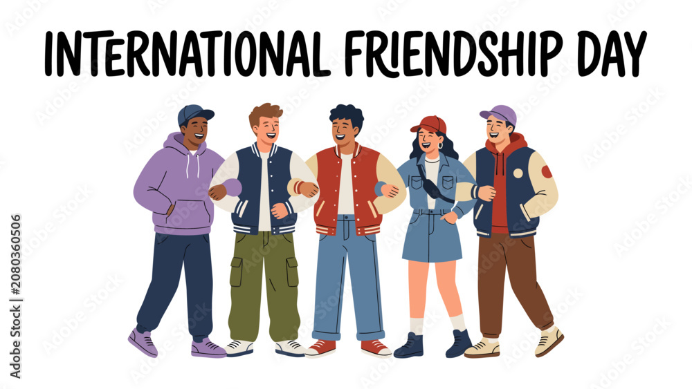 Fototapeta premium International Friendship Day Celebration: A diverse group of young friends stands together, smiling and arm-in-arm, celebrating the spirit of International Friendship Day. Their casual.