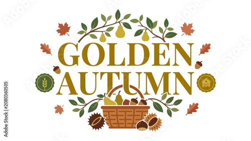 Cuadro en lienzo Golden Autumn Harvest Illustration: A charming illustration depicts the essence of golden autumn with a rustic basket overflowing with ripe pears and apples, surrounded by falling leaves, acorns
