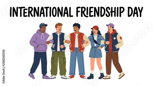 Fotografie International Friendship Day Celebration: A diverse group of young friends stands together, smiling and arm-in-arm, celebrating the spirit of International Friendship Day