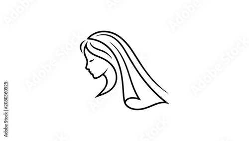 Romantic bride side profile logo with soft flowing lines, luxury wedding branding, minimalist vector illustration, black monochrome design, isolated white background, Premium beauty and bridal logo 