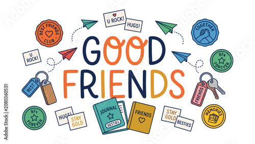 Obraz na plátně Celebrating Friendship: A whimsical collection of elements that embody the spirit of good friends, featuring hand-drawn illustrations of paper airplanes, hearts, keys, journals