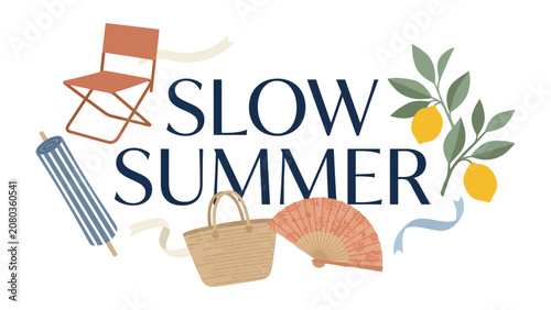 Fotografía Slow Summer Vibes: Embrace the leisurely pace of summer with this charming illustration featuring a folding chair, a closed umbrella, a woven tote bag, a decorative fan, and citrus branches