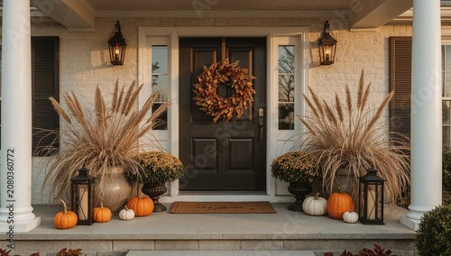 Decorative Fall Entrance With Pumpkins and Plants Near the Front Door in Autumn