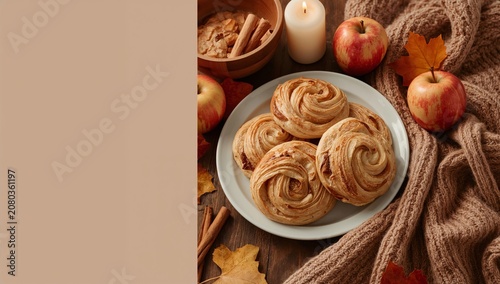 Freshly Baked Pastries on a Plate With Apples and Autumn Leaves in a Cozy Set...