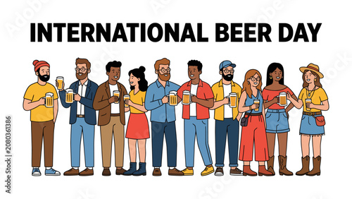 Fotografie International Beer Day Celebration: A diverse group of people are shown celebrating International Beer Day, each holding a glass of beer