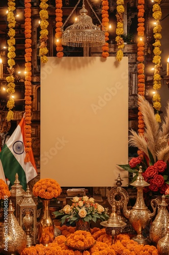 Decorative Setup for a Festival Celebration With Flowers, Lights, and Items i...