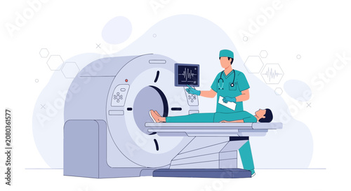 Medical Scan Technician with Patient in CT Scanner, Healthcare Technology Illustration