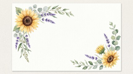 Watercolor corner border frame with sunflower, lavender flowers and eucalyptus leaves. Greenery clipart for wedding invitation, greeting cards, save the date, stationery design.