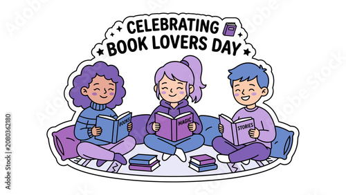Valokuva Celebrating Book Lovers Day: Three diverse children sit comfortably, engrossed in their books, celebrating the joy of reading on Book Lovers Day