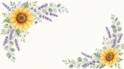 Watercolor corner border frame with sunflower, lavender flowers and eucalyptus leaves. Greenery clipart for wedding invitation, greeting cards, save the date, stationery design.