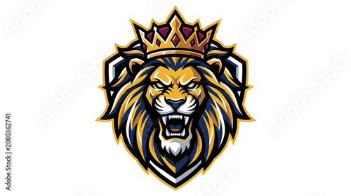 Powerful roaring lion head with golden crown mascot logo