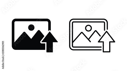 Картината върху платно Image upload icon with mountain and arrow black and white silhouette
