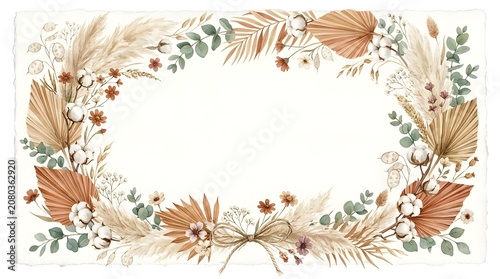 Watercolor boho invitation frame featuring pampas grass, dried palm leaves, cotton, and wildflowers. Elegant rustic border with a twine bow for weddings.