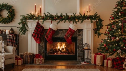 Warm Fireplace With Stockings, a Christmas Tree, and Gifts in a Cozy Indoor S...