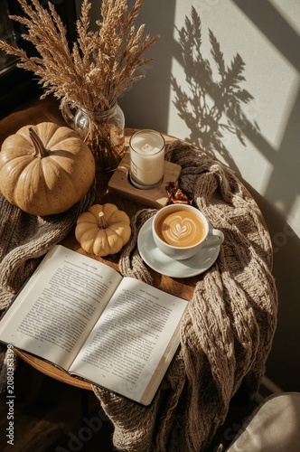 Enjoying Coffee and Reading a Book on a Cozy Table With Pumpkins and Dried Pl...
