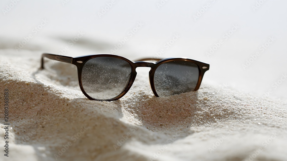 Fototapeta premium Sunglasses on white sand beach. Eyewear accessory lying on tropical shore. Concept of summer vacation, travel, holiday and sun protection. Minimalist view of glasses on coastline.
