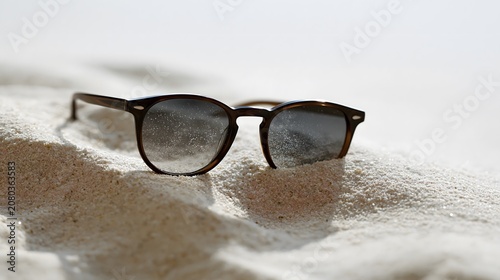 Sunglasses on white sand beach. Eyewear accessory lying on tropical shore. Concept of summer vacation, travel, holiday and sun protection. Minimalist view of glasses on coastline.