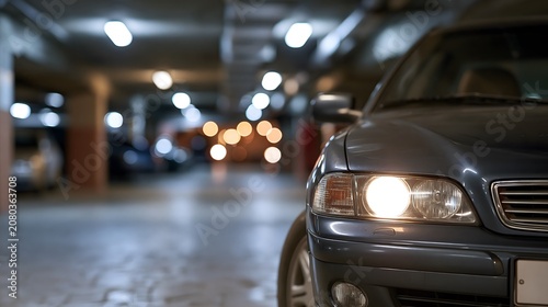 Car parked in underground garage with headlights on. Modern vehicle in indoor parking lot with defocused bokeh lights. Urban transport and city infrastructure transportation concept.
