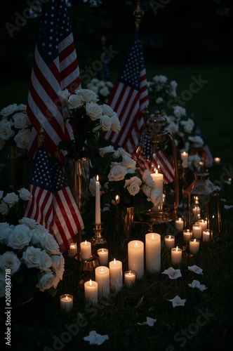 Candles and Flowers Surround American Flags at a Memorial Site in the Evening