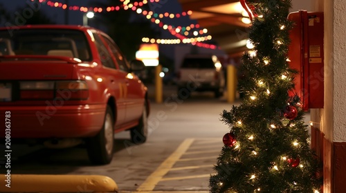 Decorated Christmas tree with glowing lights in a parking lot at night. Red car parked near festive outdoor decorations. Holiday celebration atmosphere in an urban night setting.