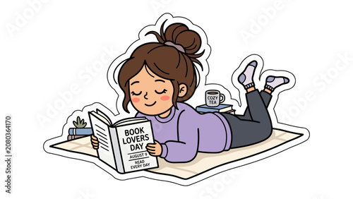 Obraz na płótnie Cozy Reading Nook: A young woman enjoys a quiet moment of leisure, engrossed in a book while lying comfortably on a mat, with a cup of coffee nearby, embodying the joy of reading