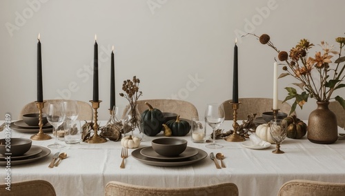 Thanksgiving Table Setup With Candles, Pumpkins, and Flowers in a Cozy Indoor...