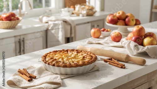 Delicious Apple Pie on Kitchen Counter With Fresh Apples and Baking Tools