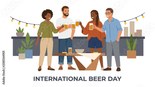 Fotografie Cheers to International Beer Day: A joyful group of diverse friends clinks their glasses of beer, celebrating International Beer Day outdoors under festive string lights